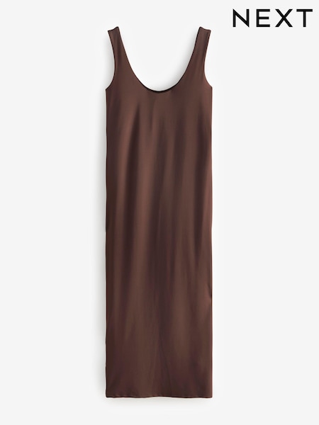 Chocolate Brown Polyamide Soft Touch Sleeveless Scoop Neck Midi Dress (AJ2360) | €34.50