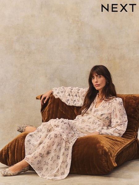 Cream Ditsy Floral Long Sleeve V-Neck Tiered Sheer Lace Boho Midi Dress (AJ2361) | CA$149