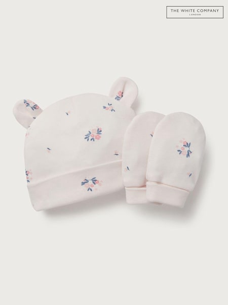 The White Company 100% Organic Cotton Hattie Floral Hat And Mitt White Set (AJ2559) | €10