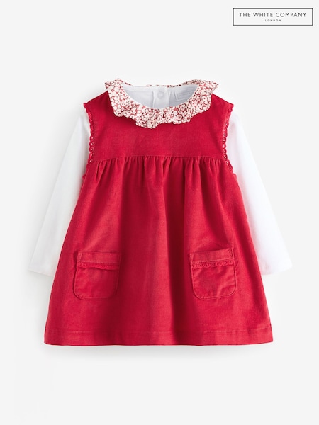 The White Company Red 100% Organic Cotton Corduroy Pinafore & Petunia Floral Collar Top Set (AJ2568) | ₪191