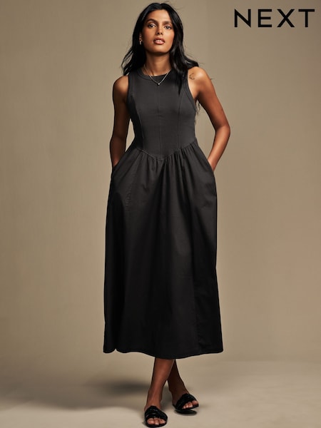 Black Woven Jersey Mix Sleeveless Racer Ribbed Midi Dress (AJ2581) | LEI 204