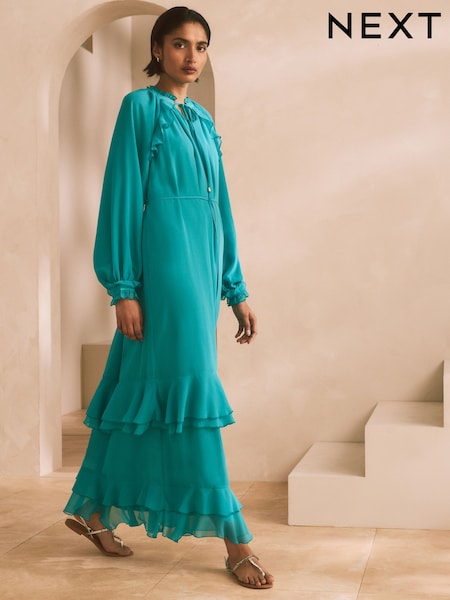 Teal Blue Long Sleeve Tie Neck Ruffle Tiered Maxi Dress (AJ2582) | AED252