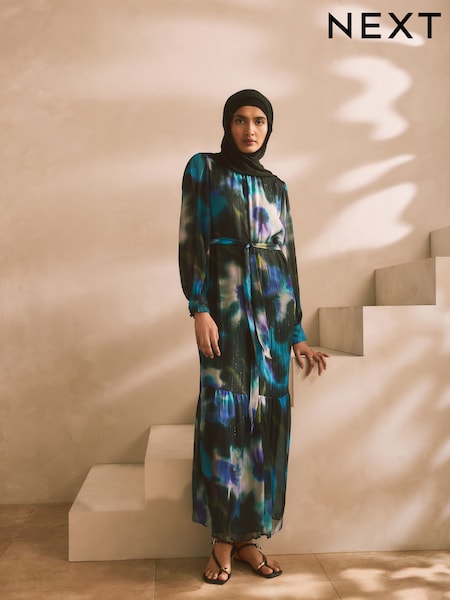 كحلي/أسود - برّاق ملطخ - Long Sleeve Crinkle Tie Waist Maxi Dress (AJ2585) | ‏235 د.إ.‏