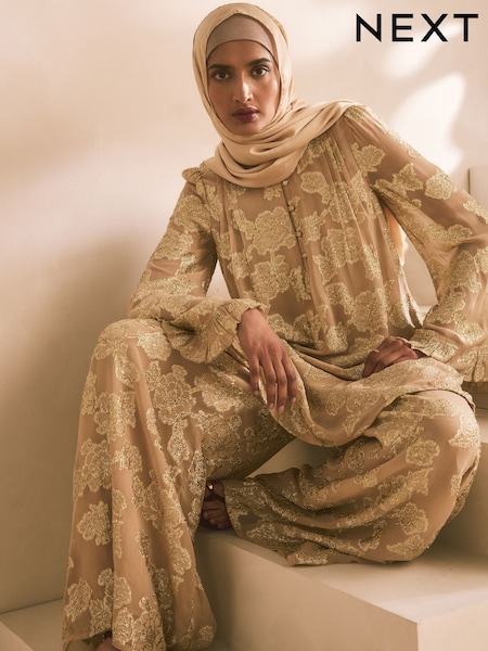 Champagne Gold Long Sleeve Longline High Neck Button Down Blouse (AJ2595) | AED218