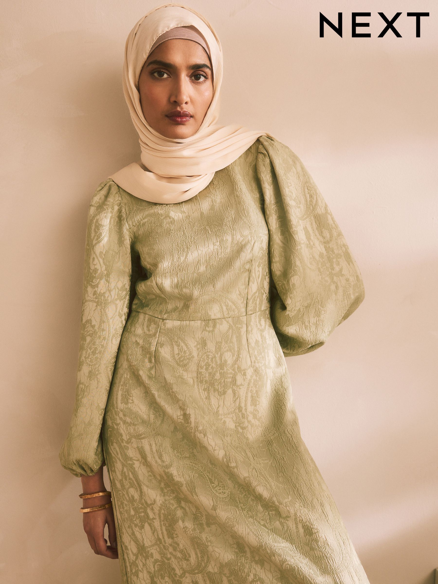 Fully beaded high neck dress with long puff sleeve - Ziad Nakad