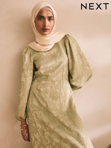 Sage Green Long Sleeve Waisted Puff Sleeve Jaquard Maxi Dress (AJ2611) | 359 QAR