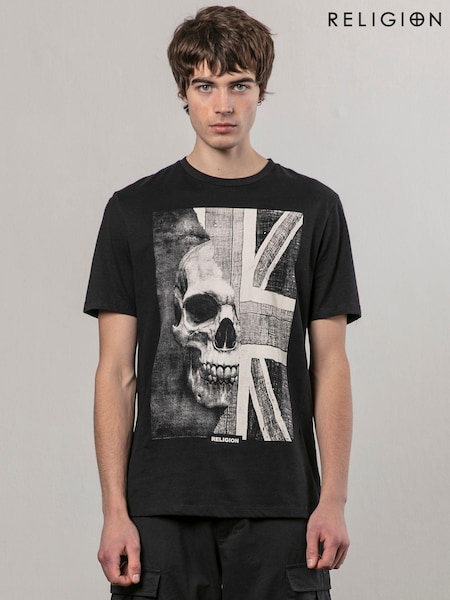 Religion Black Union Jack 100% Cotton T-Shirt (AJ2621) | AED204