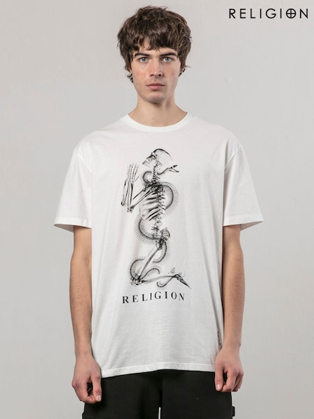 Religion White Xray Skel N Snake Print 100% Cotton T-Shirt (AJ2631) | €44