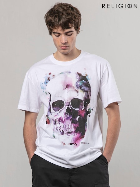 Белый - Religion Watercolour Skull 100% Cotton T-Shirt (AJ2635) | €46