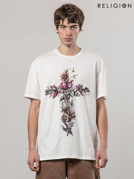 Religion White Cross Botanical 100% Cotton T-Shirt (AJ2638) | €46