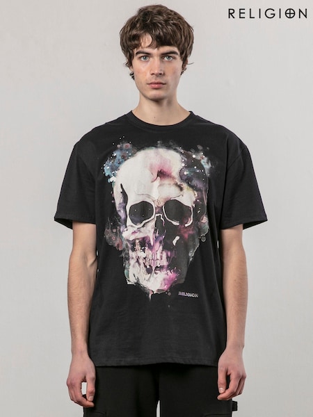 Religion Black Watercolour Skull 100% Cotton T-Shirt (AJ2645) | 173 QAR