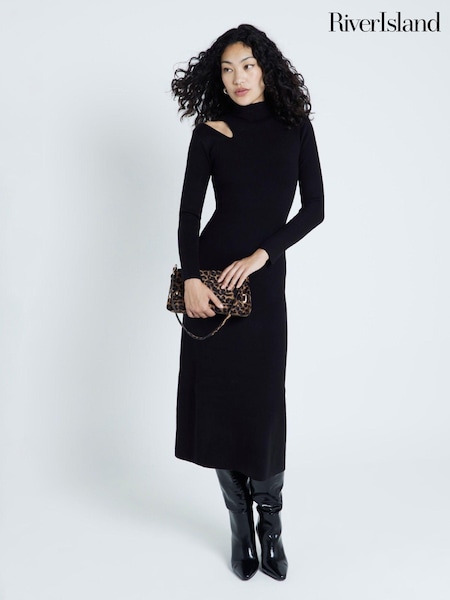 River Island Black Long Sleeve Cut Out High Neck Midi Dress (AJ3453) | €44