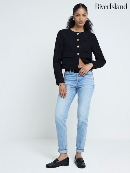 River Island Blue Mom High Rise Bum Sculpt Ripped 100% Cotton Jeans (AJ3454) | €55