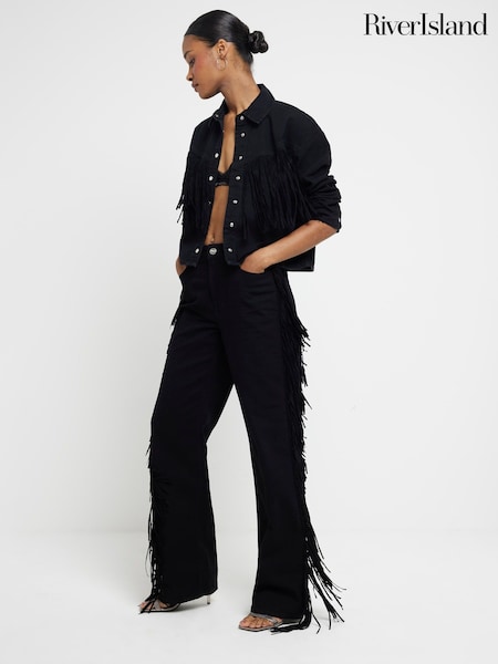 River Island Black Relaxed Straight Tassel Edge 100% Cotton Jeans (AJ3468) | AED349