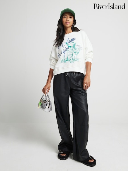 River Island Black Petite Faux Leather Wide Leg Trousers (AJ3492) | €51