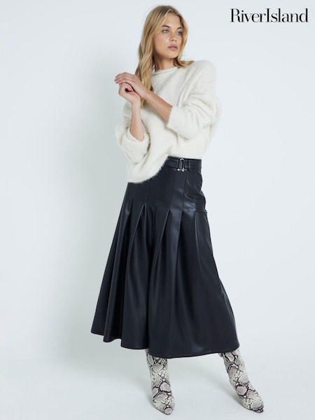 River Island Black Faux Leather Pleated Midi Skirt (AJ3504) | €22.50
