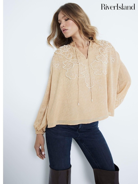 River Island Long Sleeve Tie Neck Pearl Embellished 100% Cotton Blouse (AJ3507) | 196 LEI