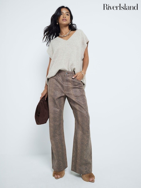 River Island Brown Petite Snake Print Relaxed Straight Leg 100% Cotton Jeans (AJ3524) | €47