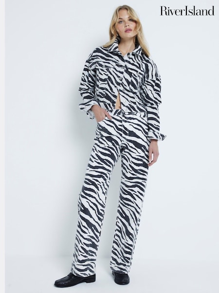 River Island Black Cropped Zebra Print 100% Cotton Denim Jacket (AJ3532) | €66