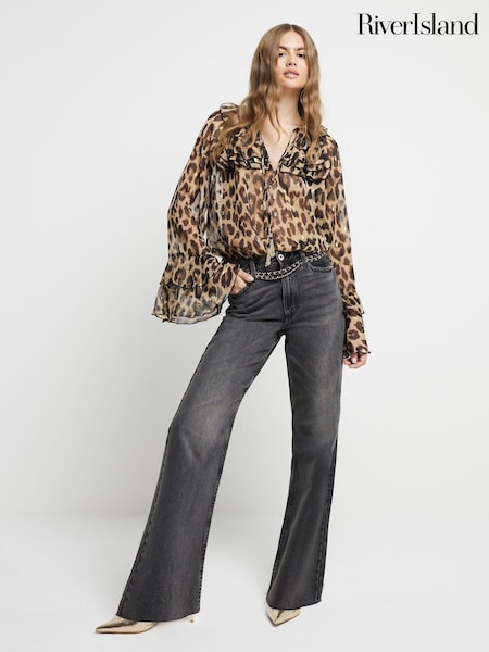 River Island Long Sleeve Ruffle Leopard Print Blouse (AJ3533) | ‏15 ر.ع.‏
