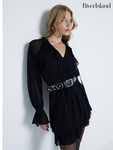 River Island Black Mini Godet Ruffle Dress (AJ3535) | €46