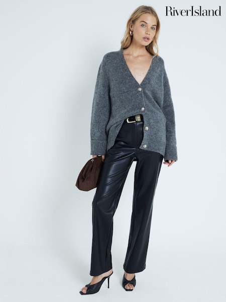 River Island Black Faux Leather Relaxed Straight Leg Trousers (AJ3542) | €51
