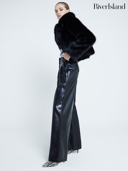 River Island Black Faux Fur Leather Creaked Wide Leg Trousers (AJ3546) | 111 QAR