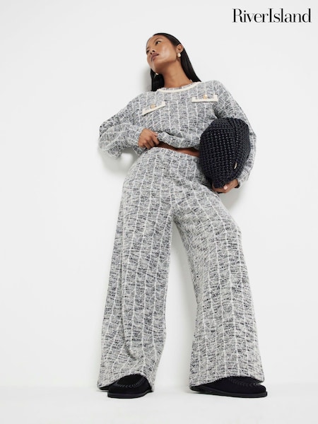 River Island Petite Check Boucle Wide Leg 100% Cotton Trousers (AJ3548) | 158 LEI