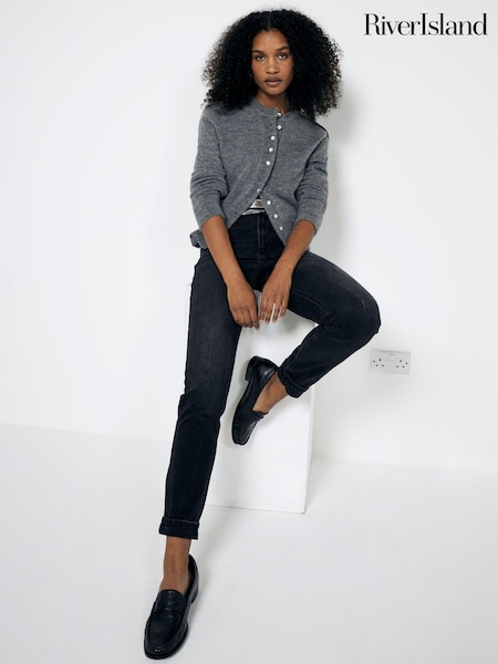River Island Black Mom High Rise Bum Sculpt 100% Cotton Denim Jeans (AJ3550) | $37