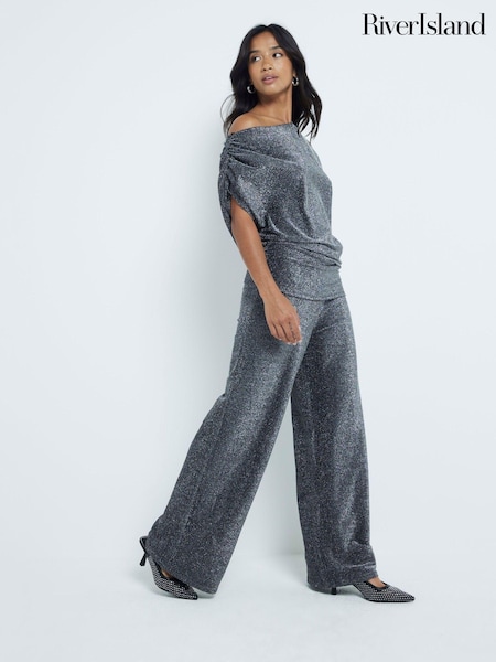 River Island Black Petite Metallic Wide Leg 100% Cotton Trousers (AJ3556) | € 27