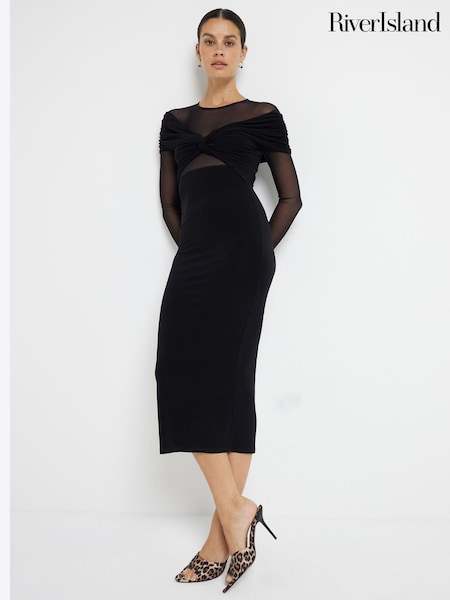 River Island Black Mesh Bow Long Sleeve Midi Dress (AJ3569) | 156 QAR