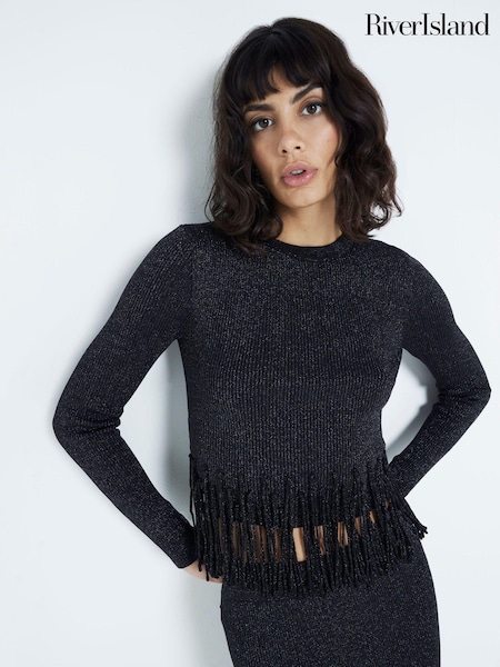 River Island Black Long Sleeve Fringe Jumper (AJ3575) | AED116