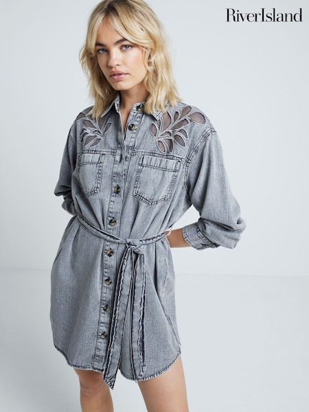 River Island Grey Long Sleeve Denim 100% Cotton Shirt Dress (AJ3576) | €58