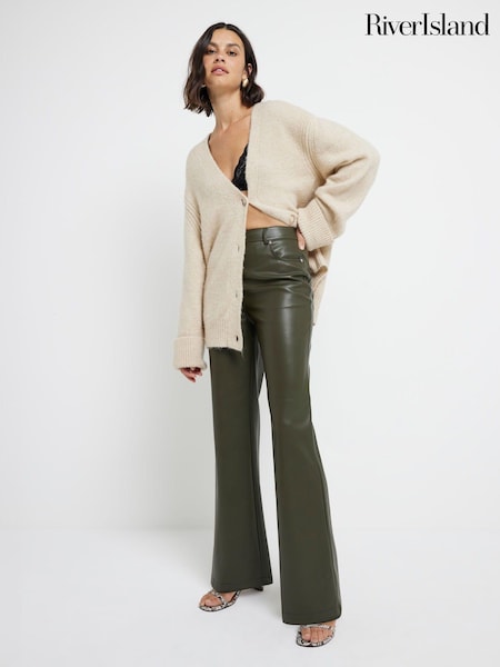 River Island Khaki Faux Leather Relaxed Straight Leg Trousers (AJ3578) | €22.50
