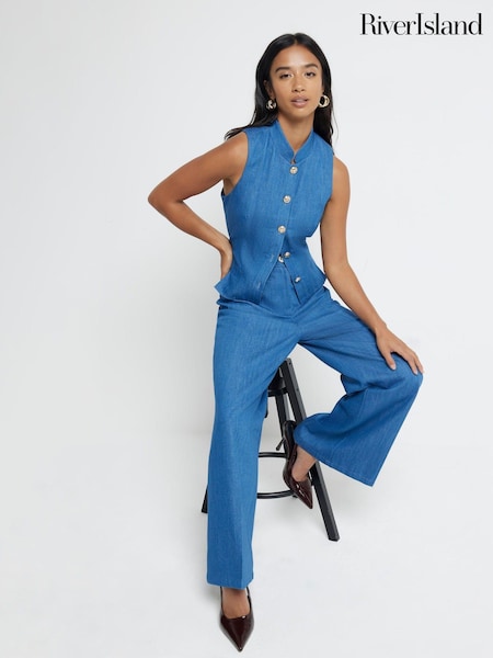 River Island Blue Petite Tie Back 100% Cotton Waistcoat (AJ3584) | AED199