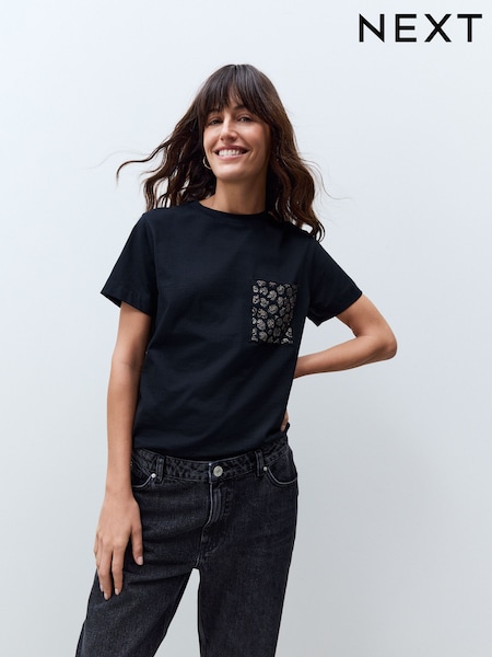שחור - 100% Cotton Embellished Pocket T-Shirt (AJ3586) | ‏60‏₪