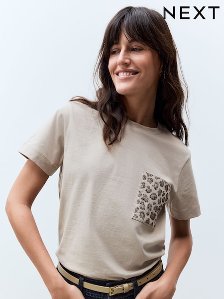 צבע אבן - 100% Cotton Embellished Pocket T-shirt (AJ3601) | ‏60‏₪