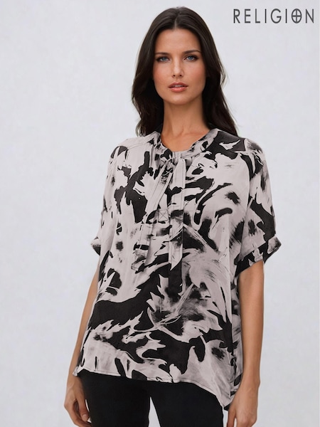 Religion Black Oversized Hidden Blouse In Abstract Print On Cupro (AJ3621) | €50