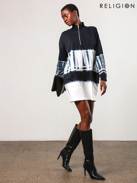 Religion Tie Dye Shade 100% Cotton Tunic Dress With Zip Funnel Neck (AJ3622) | €77