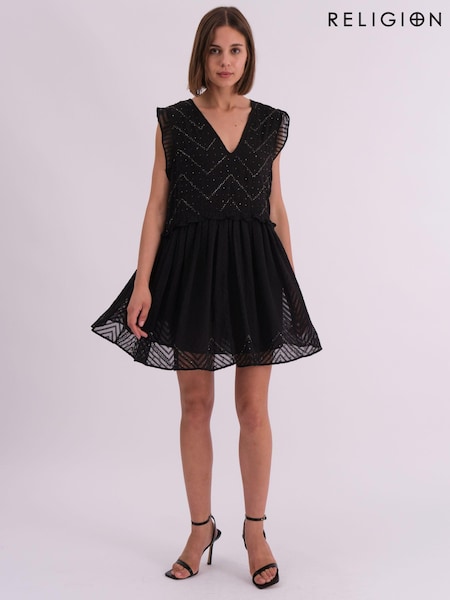 Religion Black Mini Karolina Cute Beaded Dress In Jaquard (AJ3625) | €135