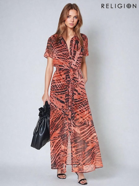 Religion Orange Blossom Maxi Shirt Dress With Tie Waist Band in Hand-Painted Prints (AJ3631) | €67