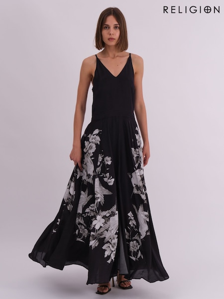 Religion Black Inversion Maxi Dress In Cupro With Beautiful Swallow Print (AJ3632) | 619 QAR