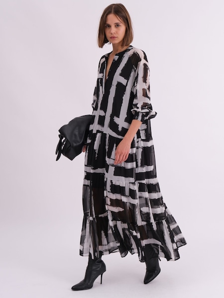 Religion Black Sunset Maxi Shirt Dress With A Tiered Boho Style Skirt In Abstract Prints (AJ3639) | €126