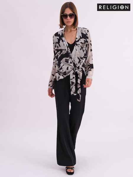 Religion Black Infinity Wrap Top With Tie Front in Hand-Painted Prints (AJ3641) | €53
