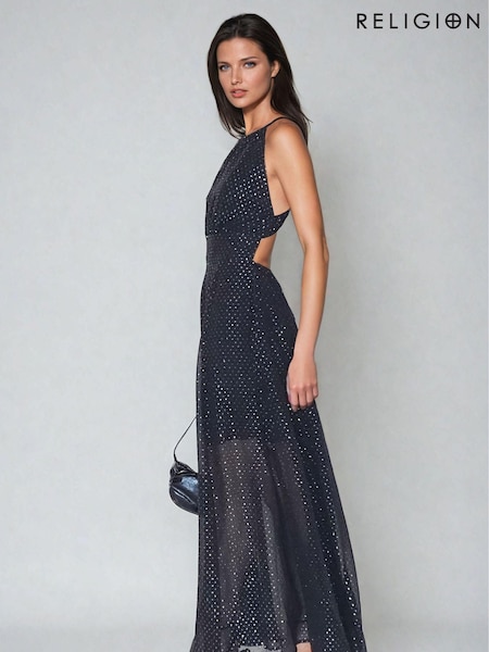 Religion Lapis Halter Neck In Gunmetal Jaquard Spot On Maxi Dress (AJ3644) | €73