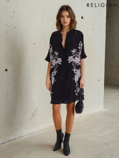 Religion Black Inversion Tunic Dress With Beautiful Swallow Print (AJ3645) | €126