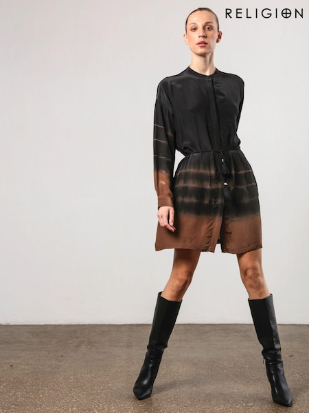 Religion Longline Cluster Tunic Dress in Dip Dye Stripe With Tassle Tie Belt (AJ3647) | 367 LEI