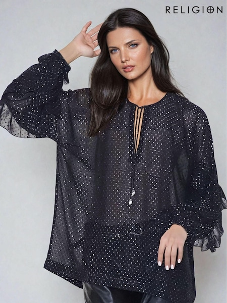 Religion Black Oversized Pyrite Sheer Tunic Blouse in Gunmetal Metallic Spot (AJ3649) | €53