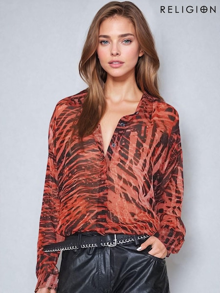 Religion Natural Oversized Georgette Shirt With High Low Hem In Hand Painted Prints (AJ3654) | €37