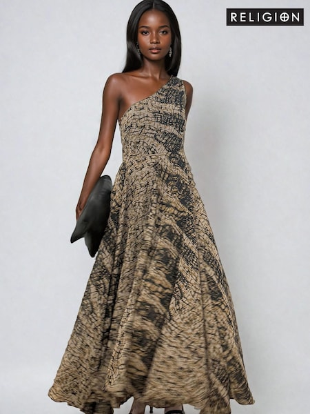 Religion Signature One Shoulder Maxi Dress With Full Multi Layered Skirt (AJ3659) | €103